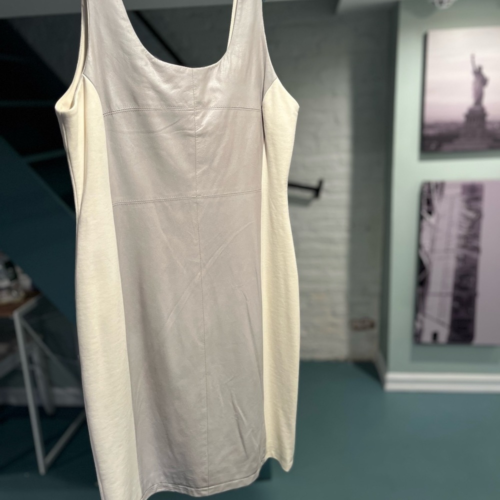 *BOUTIQUE* Grey Vegan Leather and Cream BodyCon Sheath Dress - Sz L  Sleeveless